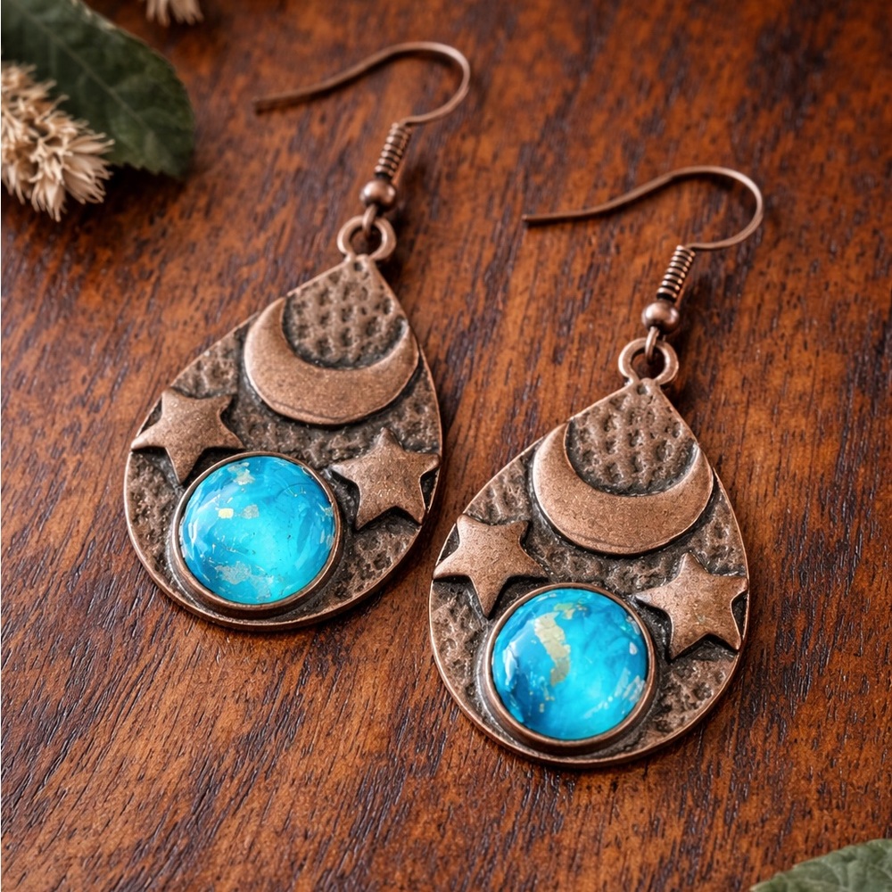 Hammered Copper Moon & Star Earrings | Boho Celestial Blue Cabochon